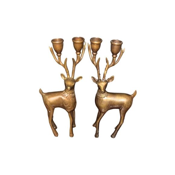 Vintage Pair Solid Brass Reindeer Candle Holders Christmas Holiday Decor - Picture 11 of 11